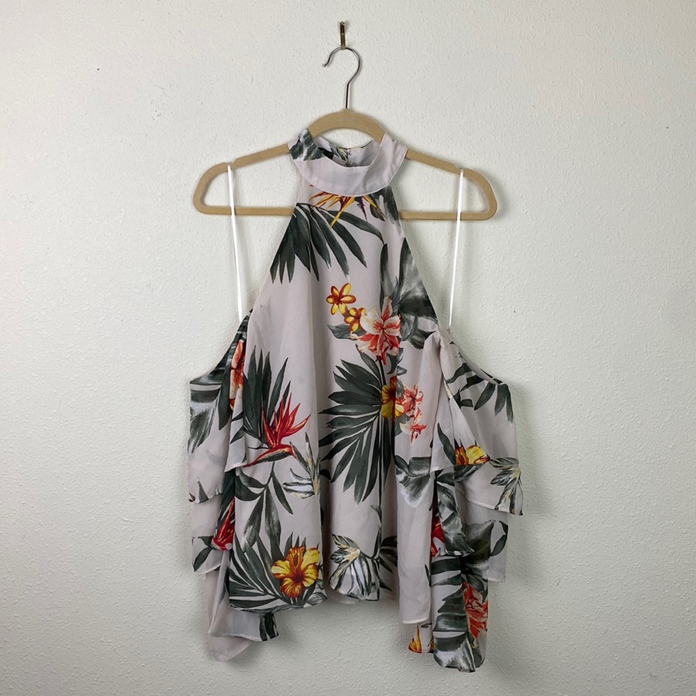 Karlie | High Neck Off Shoulder Hibiscus Palm Blouse L